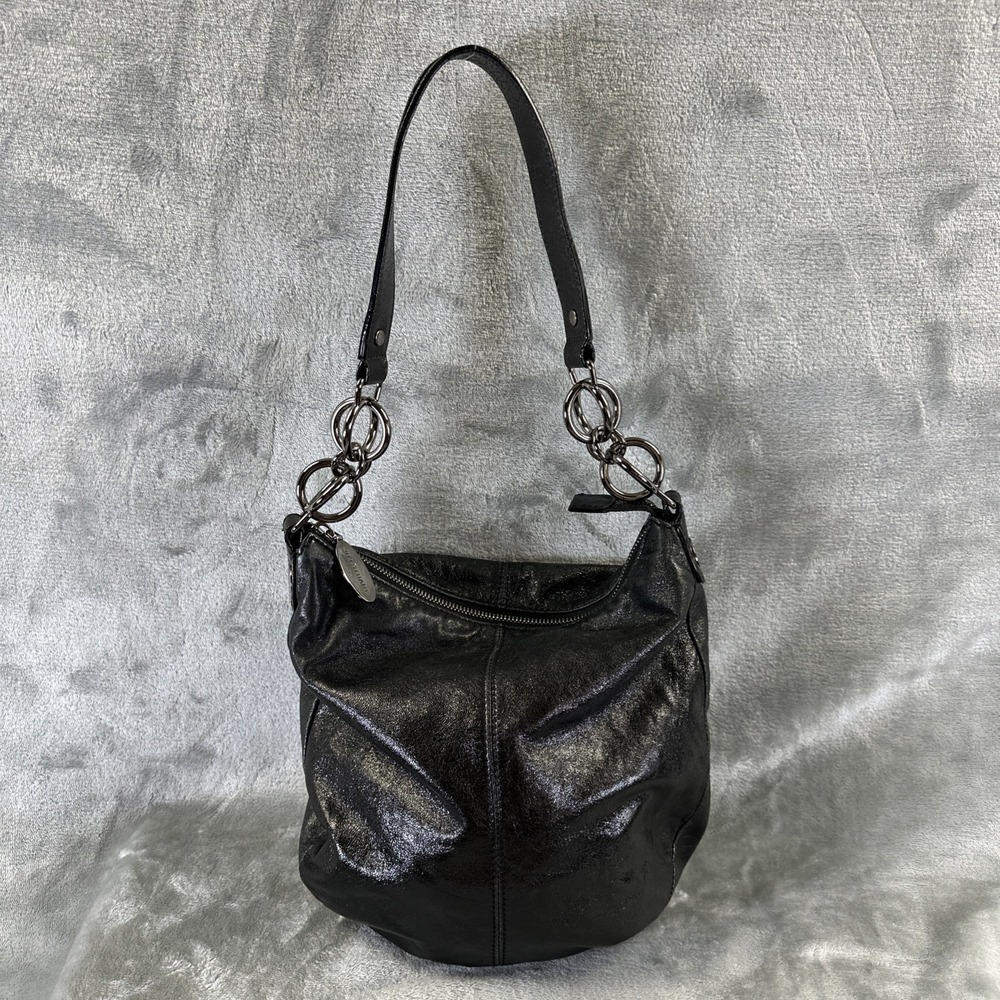 Jill Stuart Shoulder Hobo Bag Purse Black Lamb Leather Metallic Finish